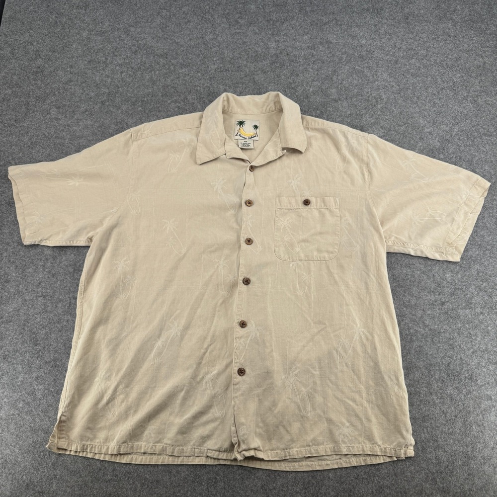 Banana Cabana Mens XL Silk Tropical Palm Tree Camp Shirt Beige Short Sleeve